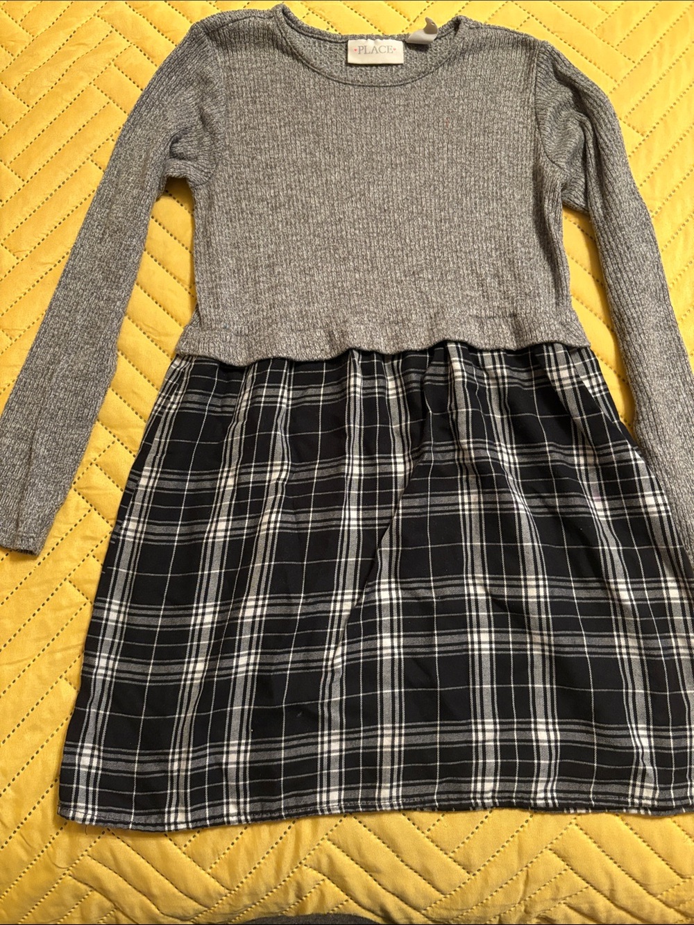 The Children's Place Grey Ribbed Top with Black Plaid Skirt
